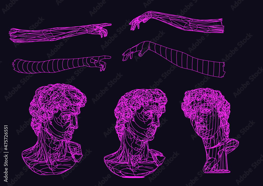 Poster set of 3d models of gypsum heads. cyberpunk sci-fi style vector illustration.