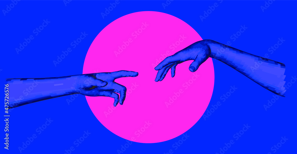 Poster vector low poly 3d model of hands going to touch together, reminiscent of michelangelo's artwork. co