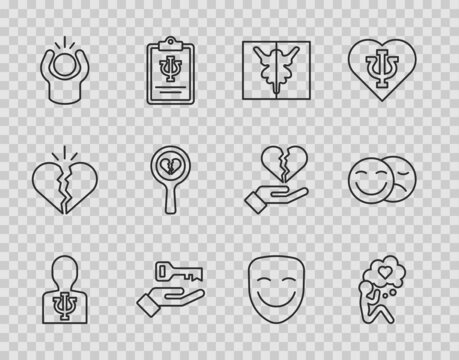Set line Psychology, Psi, Head with heart, Rorschach test, Solution to the problem, Anger, Broken divorce, Comedy theatrical mask and and tragedy masks icon. Vector