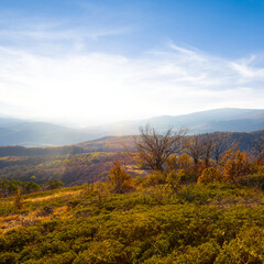 autumn mountain valley at the sunset