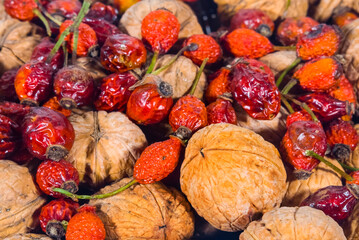 closeup heap of nut and briar berries