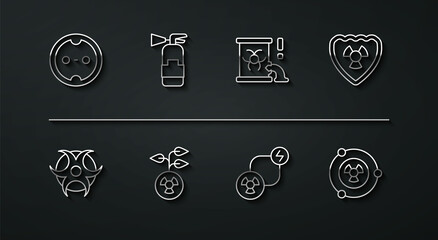 Set line Electrical outlet, Biohazard symbol, Radioactive in shield, exchange energy, Fire extinguisher, and waste barrel icon. Vector
