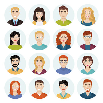 Set of avatars of different smiling people. Collection of characters of men and women in round frames. Isolated vector illustrations