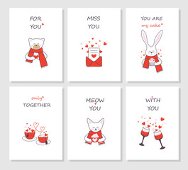 Valentine's day vector cards set with romantic greeting text and cute animals. Only together,  for you, miss you, with you. Glasses of wine. Hearts. 