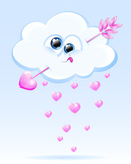 Cartoon cloud pierced with arrow. Heart rain