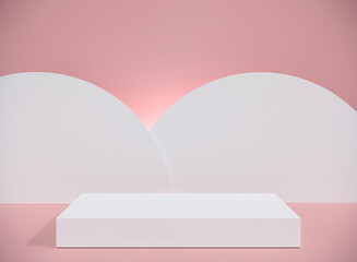 3d rendering white box podium, two circle decor and pink background