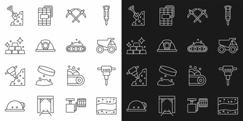 Set line Gold mine, Construction jackhammer, Mining dump truck, Pickaxe, Miner helmet, bars, Shovel and stone and Conveyor belt carrying coal icon. Vector
