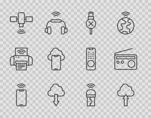 Set line Mobile with wi-fi wireless, Cloud upload, No usb cable cord, download, Satellite, technology data, Usb adapter and Radio icon. Vector