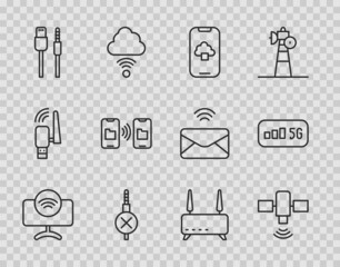 Set line Smart Tv system, Satellite, Cloud technology data, No audio jack, USB cable cord, Data transfer and storage, Router wi-fi signal and 5G wireless internet icon. Vector