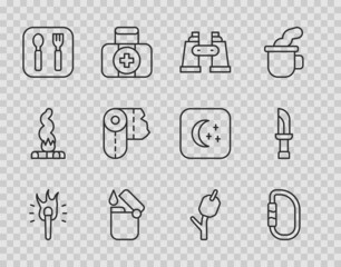 Set line Torch flame, Carabiner, Binoculars, Lighter, Fork and spoon, Paper towel roll, Marshmallow stick and Knife icon. Vector