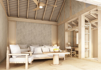 Naklejka na ściany i meble Bedroom and living area under a roof overlooking the structure, concrete walls and wooden floors and a bathroom. in vintage resort style 3d render