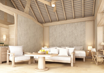 Bedroom and living area under a roof overlooking the structure, concrete walls and wooden floors and a bathroom. in vintage resort style 3d render