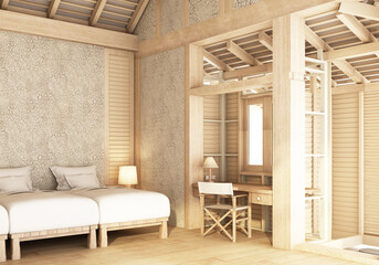 Bedroom and living area under a roof overlooking the structure, concrete walls and wooden floors and a bathroom. in vintage resort style 3d render