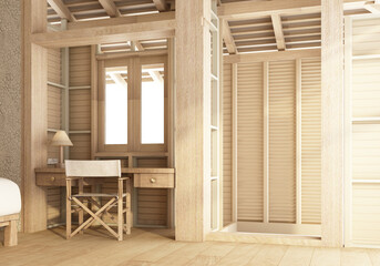 Fototapeta premium Bedroom and living area under a roof overlooking the structure, concrete walls and wooden floors and a bathroom. in vintage resort style 3d render