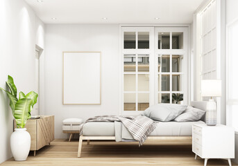 Bedroom designed in minimalist style with bed, bedside table. and the walls are decorated with wooden materials On parquet floors and wooden blinds with many decorations 3d render