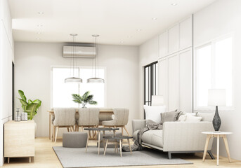 A living and dining room in minimalist style. With warm tones and wood materials, on parquet floors, TV cabinets and gray fabric sofas with coffee table and wooden blinds on the windows. 3d render