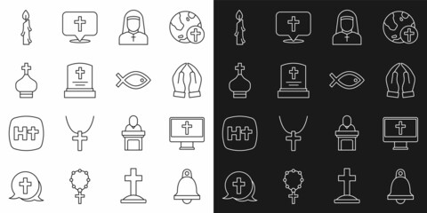 Set line Church bell, Christian cross on monitor, Hands in praying position, Nun, Grave with tombstone, church tower, Burning candle and fish symbol icon. Vector
