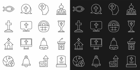 Set line Grave with tombstone, Church sermon tribune, Christian chalice, Priest, Location church building, cross, fish symbol and Basket easter eggs icon. Vector