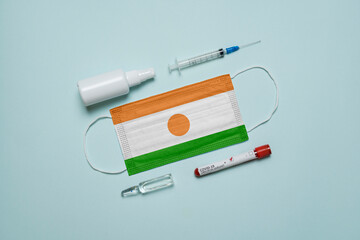 Blood tube for test detection of virus Covid-19 Omicron Variant with positive result, medicine mask...