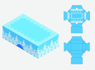 Box template with white ethnic design. Abstract blue coloured box with white coloured seamless pattern box concept, template. Place your text and Logos and ready to go for print.