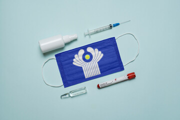 Blood tube for test detection of virus Covid-19 Omicron Variant with positive result, medicine mask...