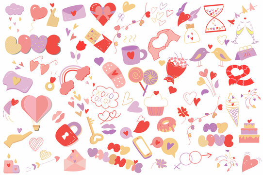 Huge collection of valentine's day icons in cartoon style. Cute badges, labels, emblems associated with valentine's day. Icons set isolated. Vector illustration in doodle and hand-drawn style.