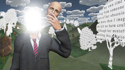 Man showing inner light in landscape with text paper trees - obrazy, fototapety, plakaty