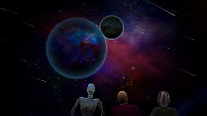 Couple and droid observes universe