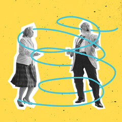 Emotional couple of dancers dressed in 70s, 80s fashion style dancing rock-and-roll on blue background with drawings.