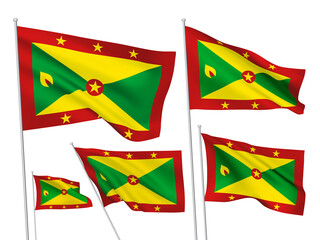 Grenada vector flags set. 5 different wavy fabric 3D flags fluttering on the wind. EPS 8 created using gradient meshes isolated on white background. Five design elements from world collection