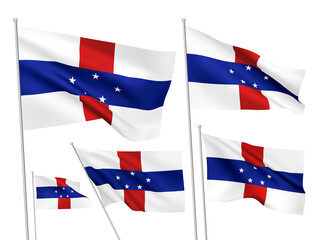 Netherlands Antilles vector flags set. 5 different wavy fabric 3D flags fluttering on the wind. EPS 8 created using gradient meshes isolated on white background. Five design elements