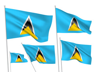 Saint Lucia vector flags set. 5 different wavy fabric 3D flags fluttering on the wind. EPS 8 created using gradient meshes isolated on white background. Five design elements from world collection
