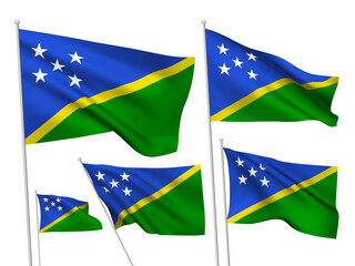 Solomon Islands vector flags set. 5 different wavy fabric 3D flags fluttering on the wind. EPS 8 created using gradient meshes isolated on white background. Five design elements