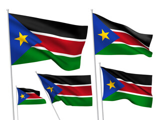 South Sudan vector flags set. 5 different wavy fabric 3D flags fluttering on the wind. EPS 8 created using gradient meshes isolated on white background. Five design elements from world collection
