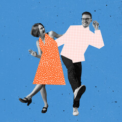 Young couple of dancers dressed in 70s, 80s fashion style dancing rock-and-roll on blue background with drawings.