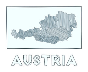 Sketch map of Austria. Grayscale hand drawn map of the country. Filled regions with hachure stripes. Vector illustration.