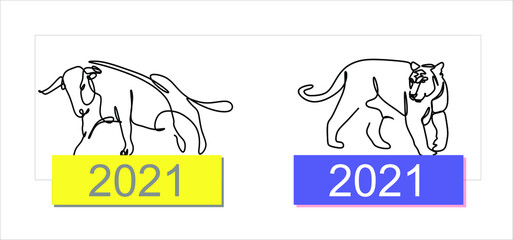 continuous drawing silhouette of a bull PANTONE COLOR OF 2021 and a tiger in 2022