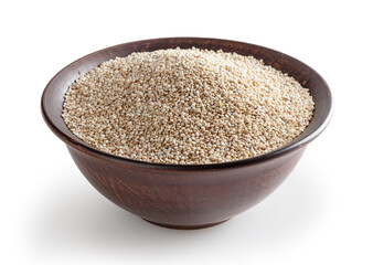 Dried white quinoa seeds in ceramic bowl isolated on white background with clipping path