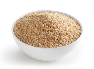 Brown rice in white bowl isolated on white background with clipping path