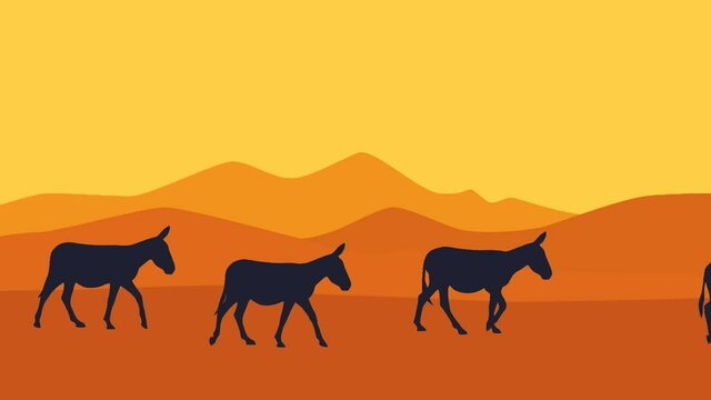 Desert landscape with mountains and walking donkeys (animation, seamless loop)