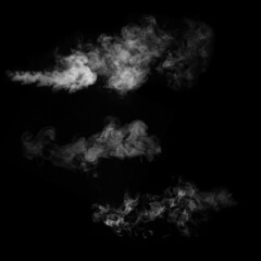White smoke collection on black background. Fog or smoke set isolated on black background. White cloudiness, mist or smog background.