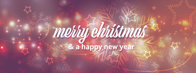 Merry Christmas and a Happy New Year. Christmas background with snowflakes and golden ribbons . With many light effects and luminous points.