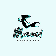 Silhouette Beautifull Mermaid with drink glass for Cafe Bar Logo design