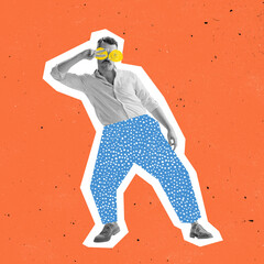 Stylish man, hipster dressed in 70s, 80s fashion style dancing rock-and-roll on bright background...