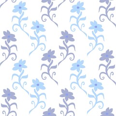 Fototapeta na wymiar Wavy Flowers Vector Seamless Repeat Pattern In Pale Purple And Blue On A White Backdrop