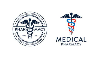 Hermes caduceus snake. Medical health care logo design, stamp emblem badge circular design template - obrazy, fototapety, plakaty