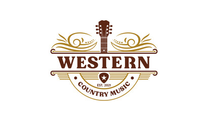 Vintage country western music logo emblem design template - obrazy, fototapety, plakaty