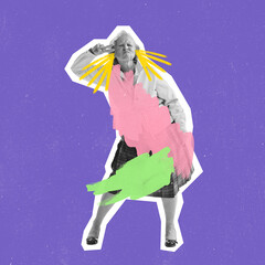 Contemporary art collage, modern design. Middle aged woman dressed in 70s, 80s fashion style dancing on purpe background with drawings.