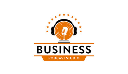 Podcast with earphone. Vintage business podcast logo emblem design template
