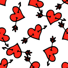 a pattern of a red heart pierced by an arrow. seamless pattern of a bright red heart painted in doodle style with a sterlet inside, chaotically on white for a Valentine's day design template